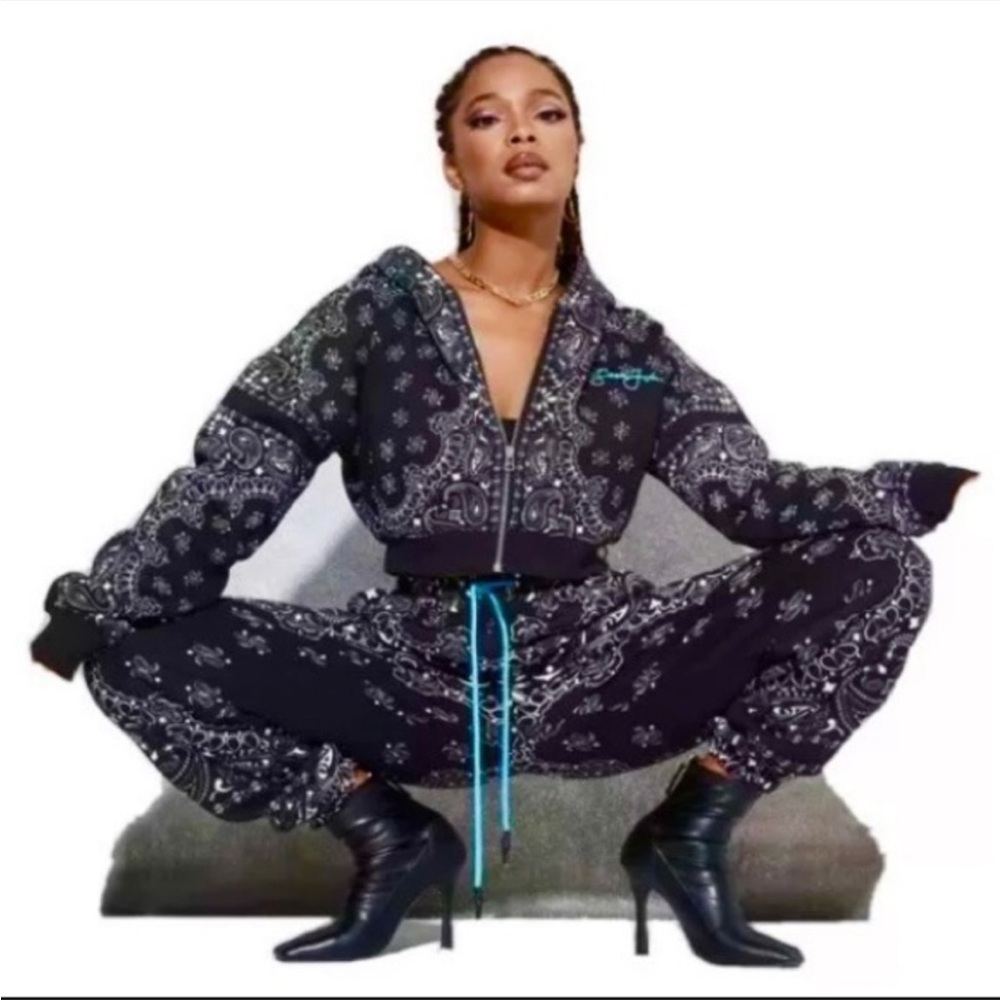 2pc Cashew Full Zip Hooded Jacket & Matching Jogger Set Blue Drawstrings